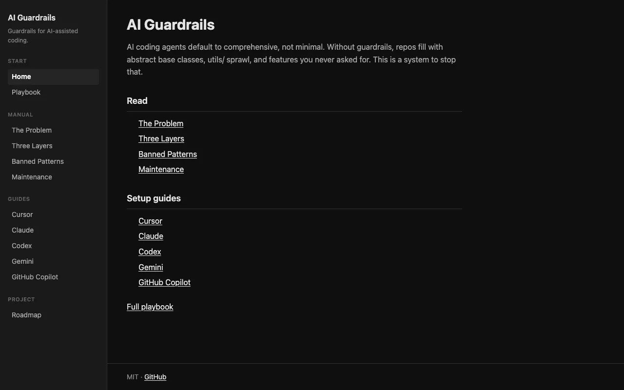 AI Guardrails homepage — anti-AI-bloat playbook and setup guides
